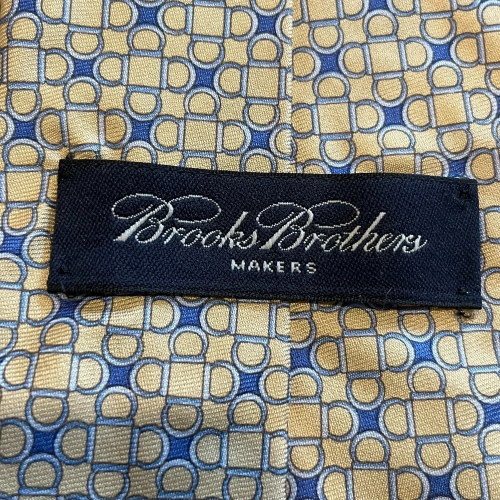 Brooks Brothers Men's‎ Silk Tie Yellow Blue Geometric Pattern Preppy 3.75x59